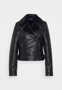 Black leather bomber jacket with a faux fur collar, zippered pockets, and quilted design on sleeves. Short, fitted silhouette with a buckle detail.