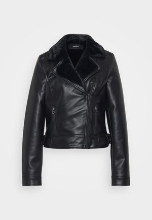 Black leather bomber jacket with a faux fur collar, zippered pockets, and quilted design on sleeves. Short, fitted silhouette with a buckle detail.