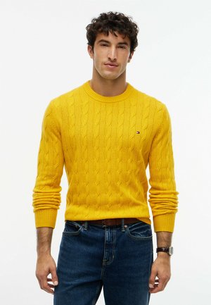 Mann mit lockigem dunklem Haar, der einen gelben Kabelstrickpullover, blaue Jeans, einen braunen Gürtel und eine Armbanduhr trägt, steht vor einem weißen Hintergrund.