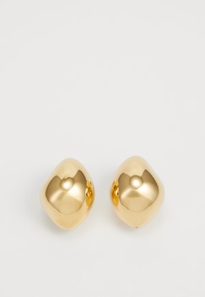 Gold-colored earrings with a rounded, smooth design. They feature a shiny finish and are small in size, showcasing a simple, contemporary aesthetic.