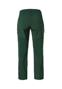 Grüne Outdoor-Hosen aus einem dehnbaren Stoff, mit Reißverschlusstaschen, verstärkten Knien und einem Kordelzugbund für eine verstellbare Passform.