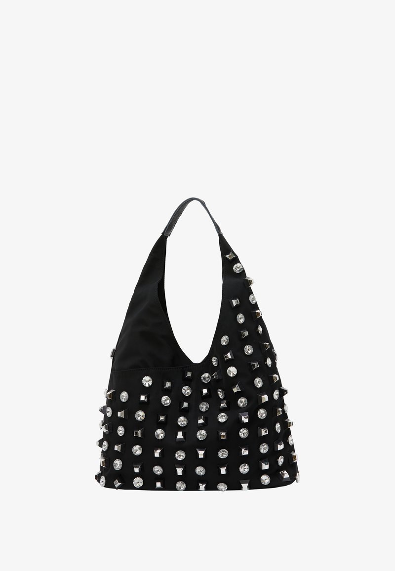 Zwarte hobo tas van stof, met een diepe scoop-design. Versierd met zilveren studs en grote strasstenen voor textuur en accent.