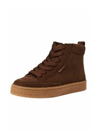 Baskets montantes marron en daim avec une semelle en caoutchouc texturée, dotées de lacets ronds et d'un petit logo sur le côté.