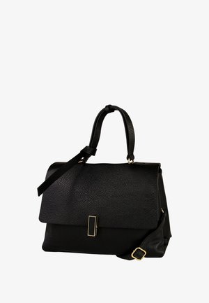 Black leather handbag featuring a textured finish, a fold-over flap, and a gold-tone clasp. Includes a short handle and a detachable strap.