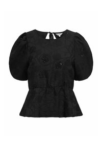 Sort peplum-top med pufærmer, blomstret teksturmønster og bagtil båndlukning. Fremstillet af letvægtsstof med en blød glans.