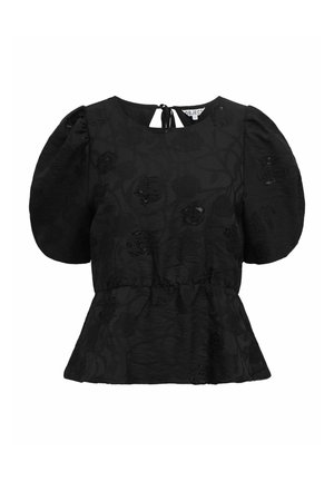 Sort peplum-top med pufærmer, blomstret teksturmønster og bagtil båndlukning. Fremstillet af letvægtsstof med en blød glans.