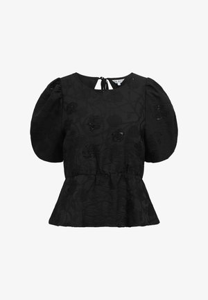 Top peplum noir avec manches bouffantes, motif florale texturé et fermeture à nouer au dos. Fabriqué en tissu léger avec un doux éclat.
