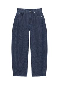 Marineblå straight-leg jeans med tynde, hvide lodrette nålestriber, knaplukning, bæltestropper og fem lommer.