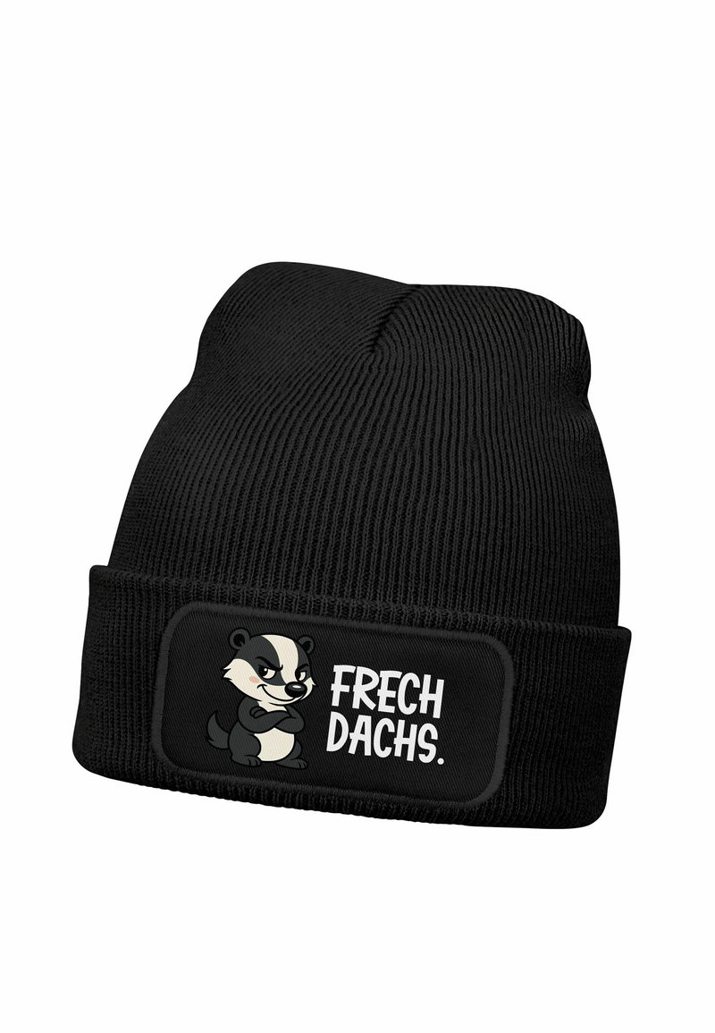 Black knit beanie with ribbed texture, featuring a prominent patch displaying a cartoon badger and the text "FRECH DACHS."