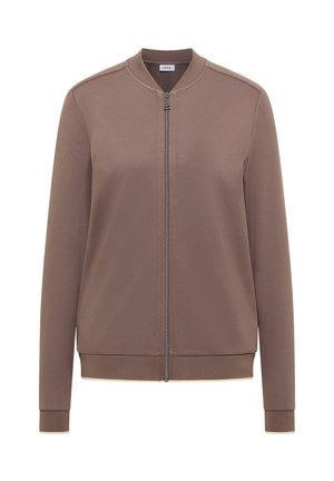 Veste marron à manches longues avec fermeture éclair intégrale, col, poignets et ourlet côtelés, fermeture éclair à l'avant et petite étiquette à l'intérieur du col.