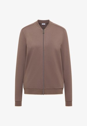 Brun langærmet jakke med fuld lynlås, ribstrikket krave, manchetter og kant, frontlynlås samt et lille mærke indeni kraven.