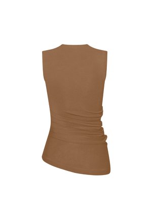 Ärmelloses braunes Top mit gerafften Details an einer Seite und asymmetrischem Saum, Ansicht von hinten.