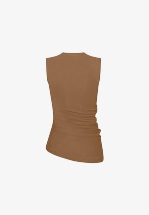 Ärmelloses braunes Top mit gerafften Details an einer Seite und asymmetrischem Saum, Ansicht von hinten.