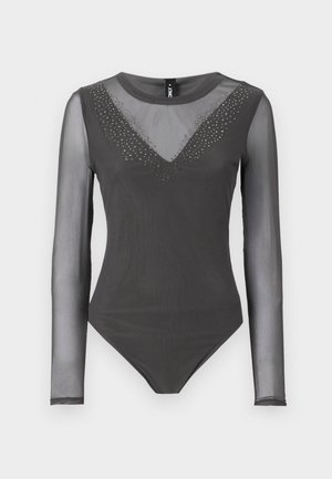 Langärmliger Body in Dunkelgrau mit einem transparenten Netzkragen und dekorativen Strasssteinen, die ein V-förmiges Muster bilden. Weiches, eng anliegendes Material.