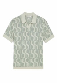 Miętowa koszulka polo z geometrycznym wzorem w kolorze białym, krótki rękaw oraz kontrastujący jasny kołnierzyk i dół.