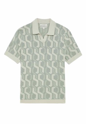 Mint green polo shirt featuring a geometric pattern in off-white, short sleeves, and a contrasting light-colored collar and hem.