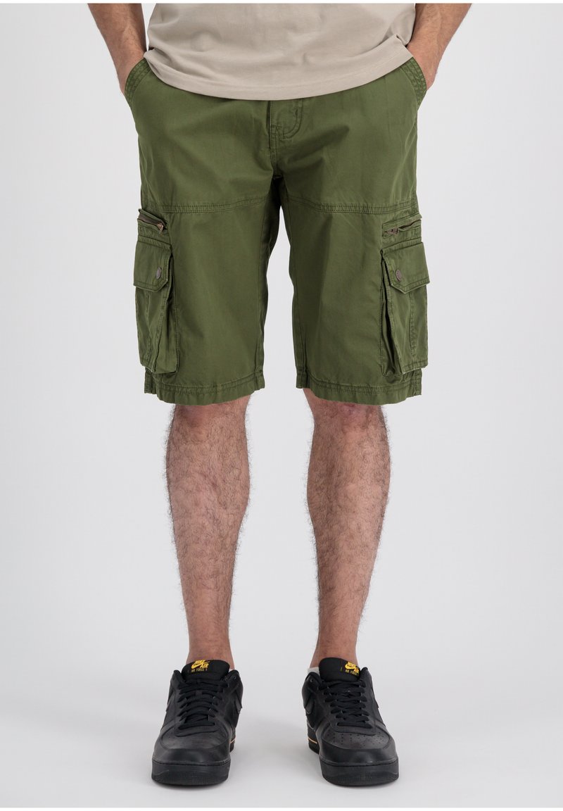 Olive green cargo shorts with multiple pockets and a relaxed fit. Made from lightweight fabric, featuring stitched seams and a straight cut.