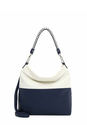 Navy and white leather bag with a slouchy shape, woven navy and white handle, and adjustable strap. Features textured material and no visible hardware.