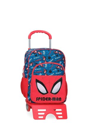 Mochila trolley infantil con temática de Spider-Man, con asa roja, cuerpo azul con telaraña y logos, y gran bolsillo frontal con ojos de Spider-Man.