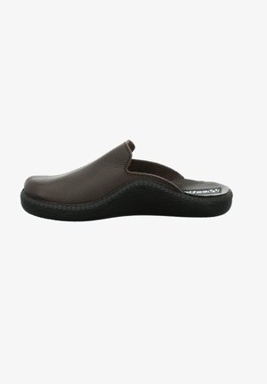 Brown leather slip-on shoe with textured upper, low heel, and a black rubber sole featuring a slight curve for comfort.