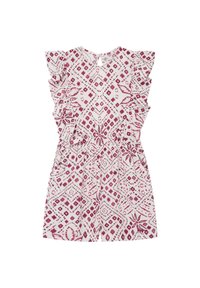 Kombinezon z krótkim rękawem w jasnoróżowym materiale z geometrycznym wzorem w głębokim różu i burgundzie, z falbankowymi rękawami i wycięciem na plecach.