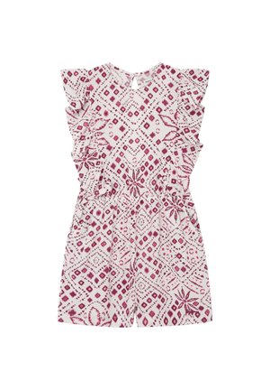 Kombinezon z krótkim rękawem w jasnoróżowym materiale z geometrycznym wzorem w głębokim różu i burgundzie, z falbankowymi rękawami i wycięciem na plecach.