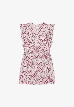 Kombinezon z krótkim rękawem w jasnoróżowym materiale z geometrycznym wzorem w głębokim różu i burgundzie, z falbankowymi rękawami i wycięciem na plecach.