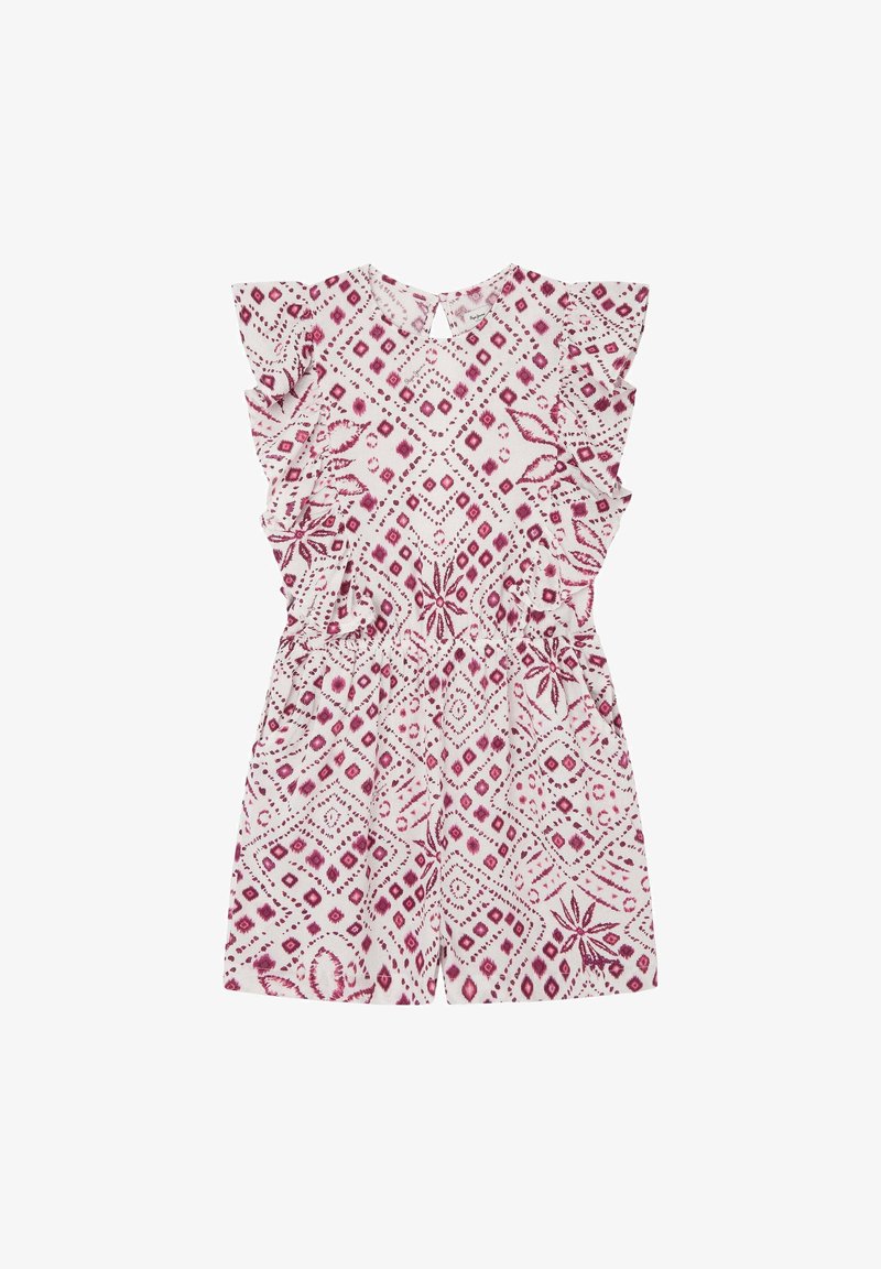 Kombinezon z krótkim rękawem w jasnoróżowym materiale z geometrycznym wzorem w głębokim różu i burgundzie, z falbankowymi rękawami i wycięciem na plecach.