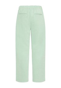 Pantalon vert clair à taille élastique, jambes droites et deux poches arrière horizontales, vu de dos.