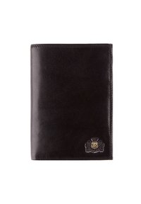 Zwart leren portefeuille met een gladde textuur, met een gouden embleem en subtiele stiksels langs de randen. Rechthoekige vorm. Geen patroon.