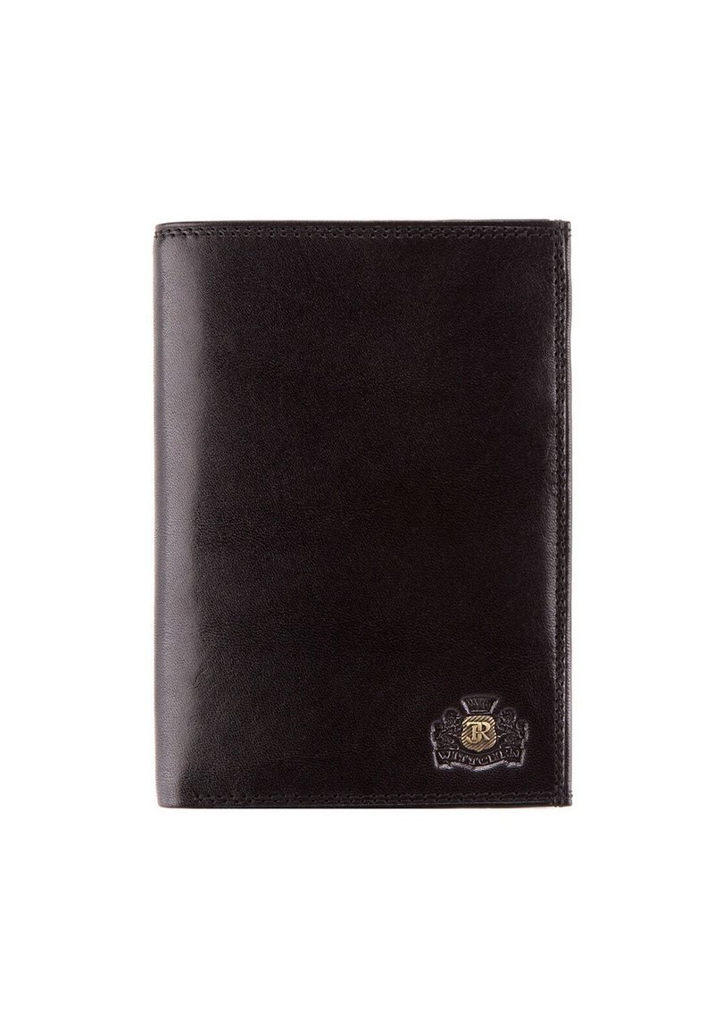 Zwart leren portefeuille met een gladde textuur, met een gouden embleem en subtiele stiksels langs de randen. Rechthoekige vorm. Geen patroon.