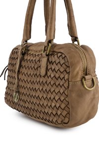 Brown leather handbag with woven texture, rounded shape, dual handles, and brass hardware accents. Zipper closure on top.