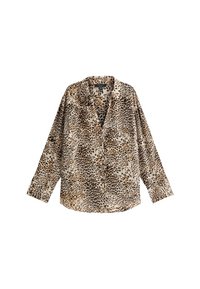 Košile na knoflíky s leopardím potiskem, s límečkem, dlouhými rukávy a volným střihem. Vyrobena z lehké tkaniny s hnědými a černými skvrnami na krémovém pozadí.