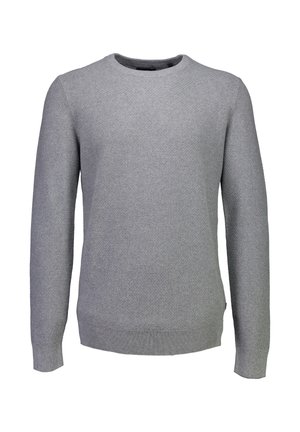 Hellegrauer Waffle-Knit Langarm-Pullover mit Rundhalsausschnitt, ausgestattet mit gerippten Bündchen und Saum, vor einem weißen Hintergrund präsentiert.
