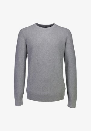 Ljusgrå våffelstickad långärmad crewneck-tröja med ribbade muddar och nederkant, visad på en vit bakgrund.