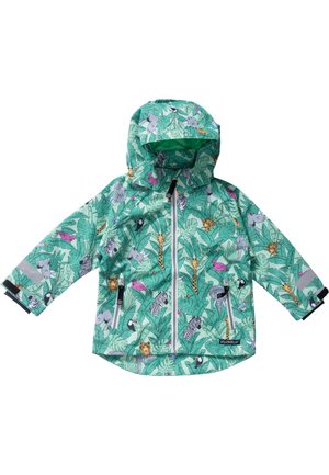 Grüne Regenjacke für Kinder mit Kapuze, buntes Dschungel-Tier- und Blattmuster, Reißverschluss vorne und reflektierende Streifen an den Ärmeln.