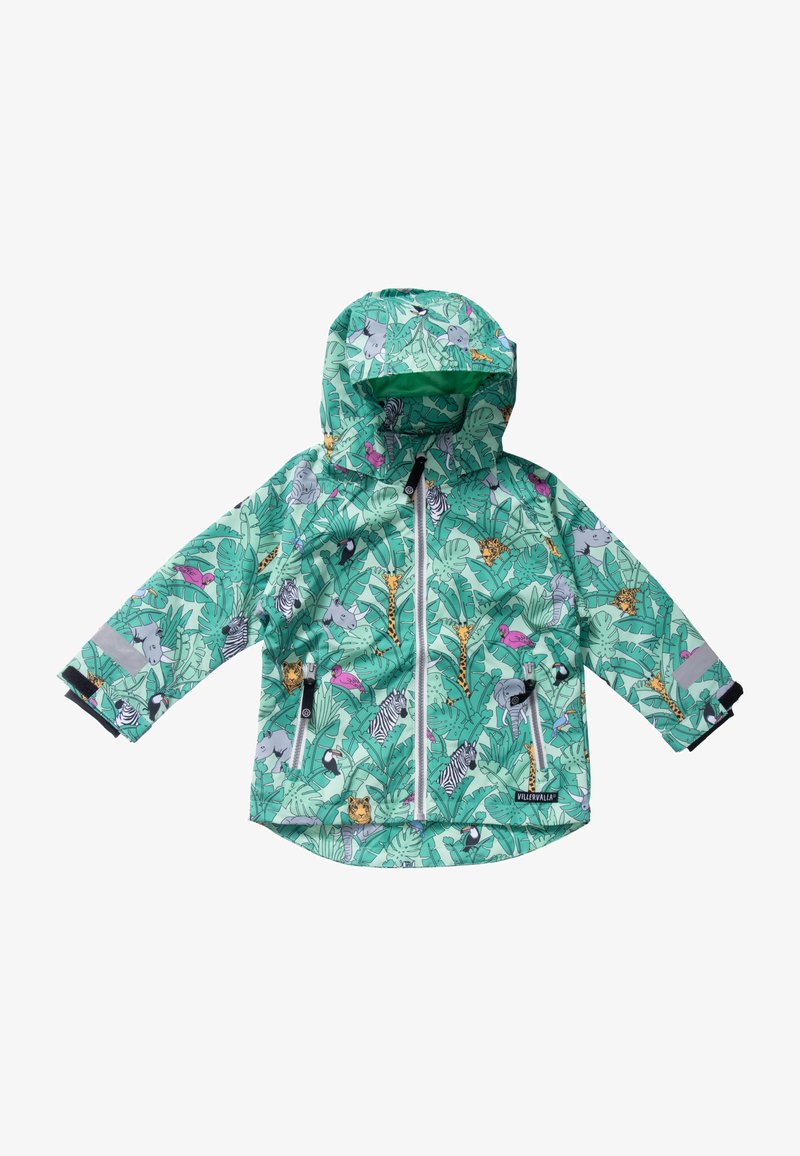 Grüne Regenjacke für Kinder mit Kapuze, buntes Dschungel-Tier- und Blattmuster, Reißverschluss vorne und reflektierende Streifen an den Ärmeln.
