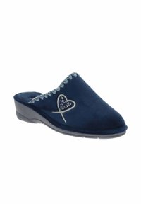 Marineblauwe slipper met een zachte, suède-achtige bovenkant, voorzien van een geschulpt rand en hartborduursel geaccentueerd met kleine rhinestones. Lage hak.