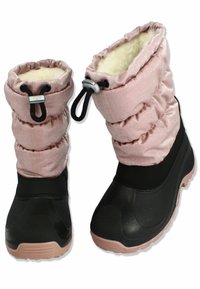Roze geïsoleerde winterlaarzen met een geplooide schacht, zwarte rubberen zolen en een verstelbaar trekkoord. Zachte voering zichtbaar aan de bovenrand.