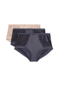 Tři páry dámských kalhotek v béžových a tmavých odstínech. Každé má krajkový akcent a hladkou tkaninu s tečkovaným vzorem.