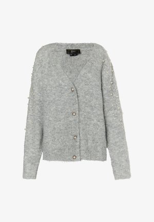 Šedý pletený cardigan s výstřihem do V, zapínáním na knoflíky a perlovými detaily na rukávech; měkká textura s volným střihem.