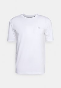 T-shirt bianco in cotone con maniche corte, collo rotondo e un piccolo logo grigio sul petto, caratterizzato da una texture liscia e una vestibilità classica.