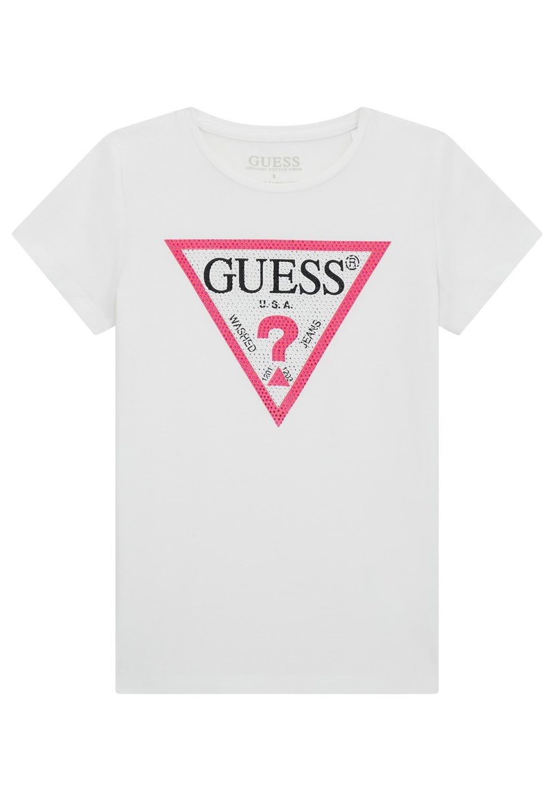 T-shirt en coton blanc avec un logo graphique triangulaire rose et noir comportant le texte "GUESS U.S.A." et un point d'interrogation au centre.