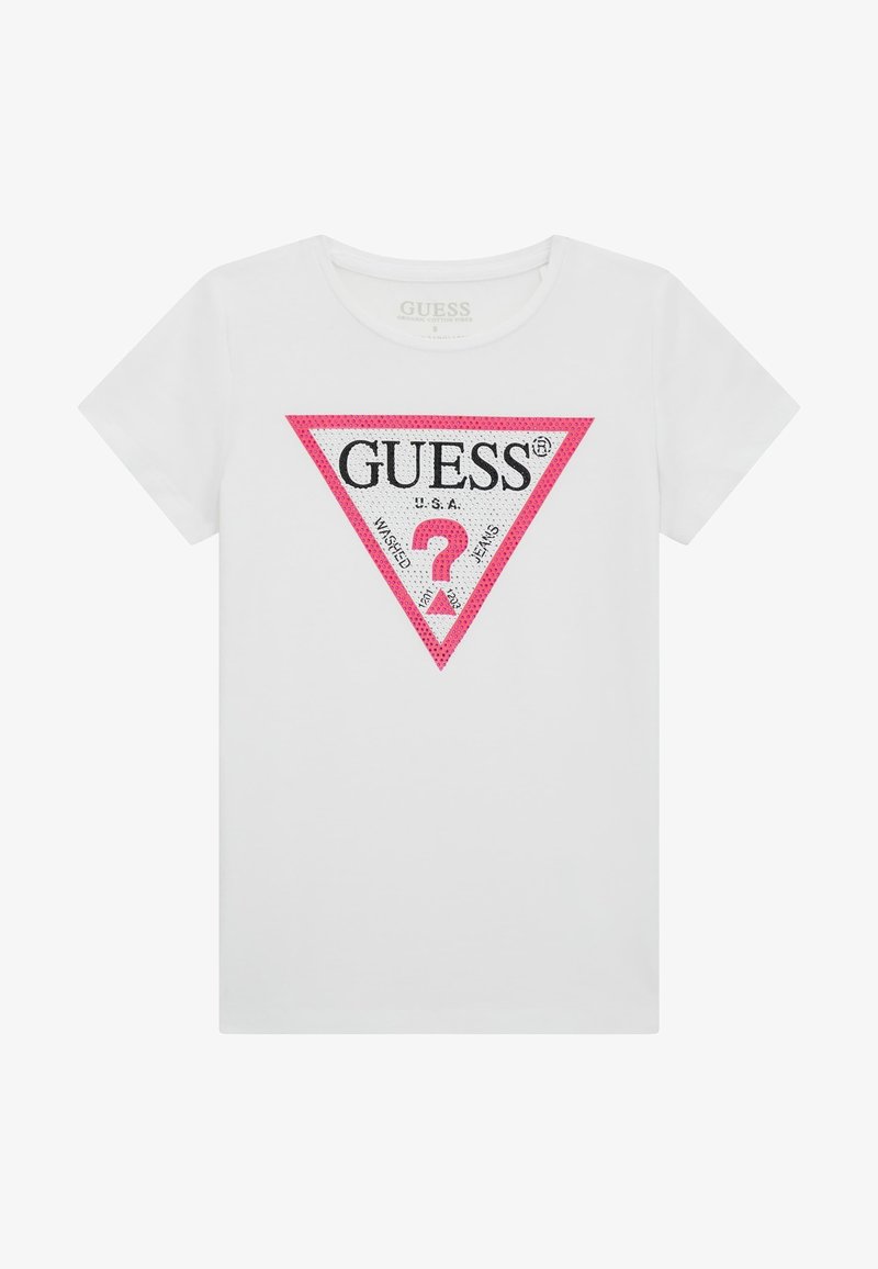 White cotton t-shirt featuring a pink and black triangular graphic logo with text "GUESS U.S.A." and a question mark in the center.