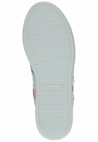 Suola di scarpa in gomma bianca con righe orizzontali, caratterizzata da un piccolo logo e un motivo floreale colorato sul lato superiore.