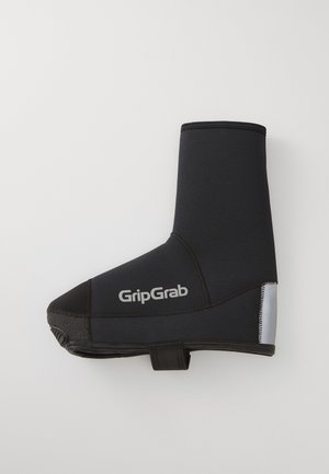 Copertura per scarpe da ciclismo in neoprene nera con punta testurizzata nera e accento argento. Presenta il logo GripGrab sul lato.