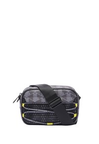 Borsa a tracolla grigia con motivo, dotata di una parte inferiore nera texturizzata, caratterizzata da una tracolla nera e dettagli gialli. Chiusura con zip nella parte superiore.