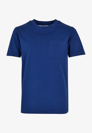 Navyblaues Baumwoll-T-Shirt mit Rundhalsausschnitt, kurzen Ärmeln und einer Brusttasche auf der linken Seite. Glatte Textur, klassisches Design.