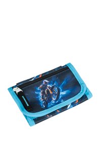 Blue and black zippered wallet featuring a motorcycle graphic, made of fabric with a textured finish and contrasting turquoise trim.