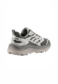 Lightweight running shoe in gray and white, featuring mesh upper, padded collar, textured sole, and logo on back for added detail.